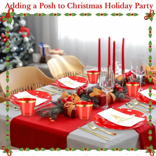 Vista 6 de Maxcheck Juego de vajilla de plástico de Navidad de 175 piezas, 25 platos llanos, 25 platos de postre, 25 servilletas, 25 tenedores, 25 cuchillos