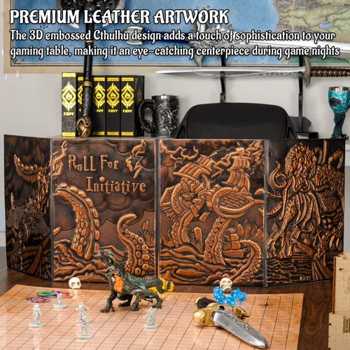 Vista 3 de CZYY DND Pantalla de Dungeon Master de Cuatro Paneles con Bolsillos, Cuero Sintético con Relieve 3D con Cthulhu - Incluye Insertos de Pantalla DM