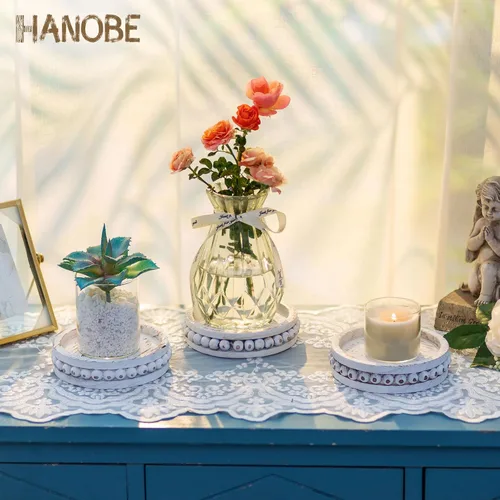 Vista 7 de Hanobe Portavelas para velas de pilar: juego de 3 portavelas de madera rústica de granja, soporte de vela encalado para centros de mesa, chimenea