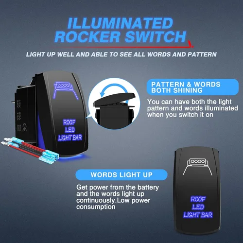 Vista 2 de MicTuning LS083001-HF. Interruptor de encendido/apagado en forma de barra, con luz LED láser azul de 12V, 20 amperes y cable de puente. Juego de 5