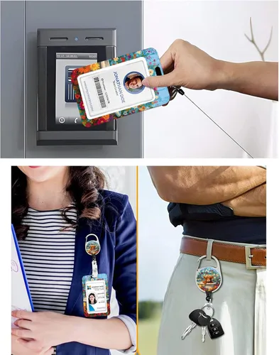 Vista 198 de Portatarjetas blanco con cordón para tarjetas de identificación, carrete retráctil negro con clip de mosquetón, tarjetero de identificación