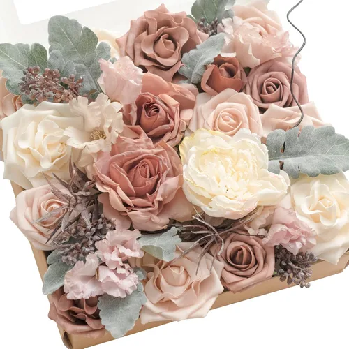 Vista 9 de Ling's moment Caja de flores falsas, tallos de vegetación artificiales artificiales, rosas de espuma, anturios, orquídea de seda, hoja de palmera