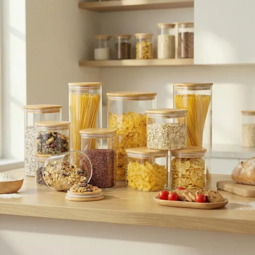 Vista 6 de 57oz - Paquete de 3 tarros cuadrados de vidrio con tapas de bambú, recipientes de almacenamiento de alimentos de vidrio con tapas herméticas