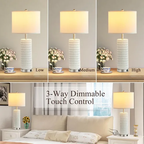 Vista 2 de Juego de 2 lámparas de mesa de cerámica blanca de 28 pulgadas para sala de estar con puertos USB C+A, lámparas táctiles para mesita de noche, 2