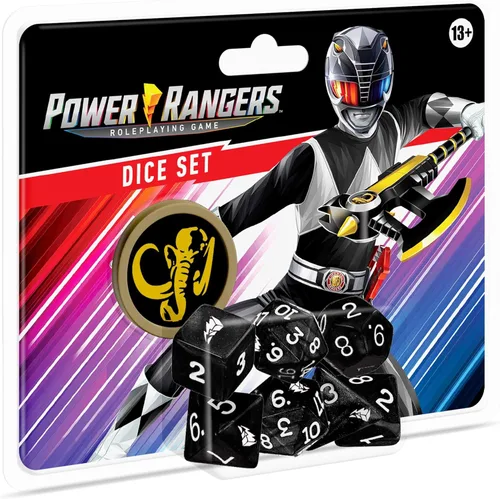 Renegade Game Studios Power Rangers RPG - Juego de dados poliédricos negros de 8 piezas con moneda de poder personalizada