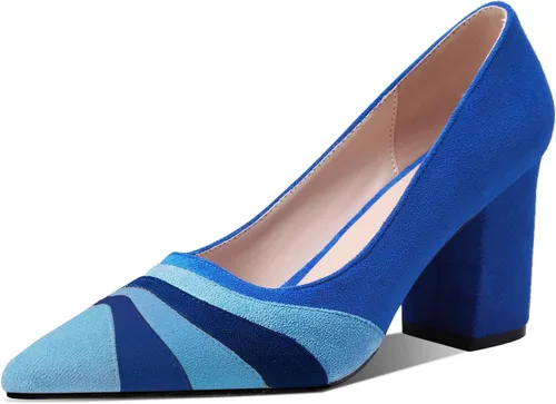 LEHOOR Zapatos de tacón grueso arcoíris para mujer, puntera puntiaguda, de gamuza, multicolor, tacones altos de 3 pulgadas, sin cordones, puntera