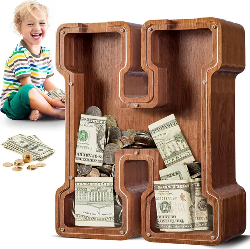 Vista 92 de SummiDate Alcancía de madera de letra para niños y niñas, Alfabeto, regalo de cumpleaños para niños (W)