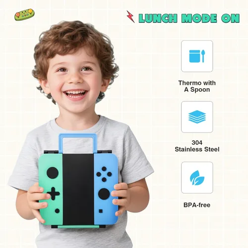 Vista 7 de Caja Bento Game para niños, lonchera con termo (tarro de comida de 9 onzas), cuchara plegable, divisor extraíble y taza de salsa, lonchera infantil