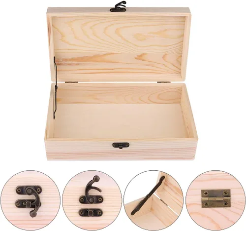 Vista 3 de Caja de recuerdo de madera sin terminar con tapa con bisagras, rectangular, 9.7 x 5.5 x 2.7 pulgadas, cierre, almacenamiento, manualidades