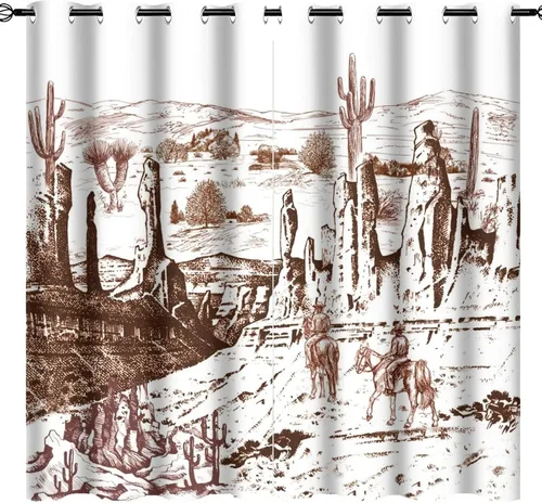 Vista 25 de Cortinas opacas retro de vaquero occidental para dormitorio, estilo rústico, cactus, salvaje oeste, vaquero, paseo, caballo, con ojales, aislamiento