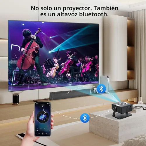 Vista 5 de Mini proyector 4K compatible con WiFi 6 y Bluetooth 5.0, altavoz de 4 W, Keystone vertical automático proyector portátil giratorio de 45°