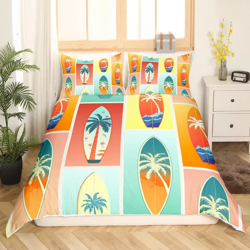 Vista 3 de Juego de funda de edredón de tablas de surf de verano para niños, tamaño matrimonial, juego de ropa de cama de palmeras tropicales de 3 piezas