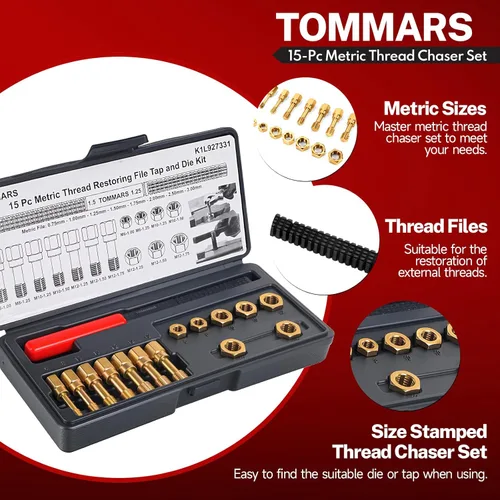 Vista 6 de TOMMARS Juego de cazador de roscas métricas de 15 piezas, M6 M8 M10 M12 herramienta restauradora de roscas Kit de reparación de reenhebrado