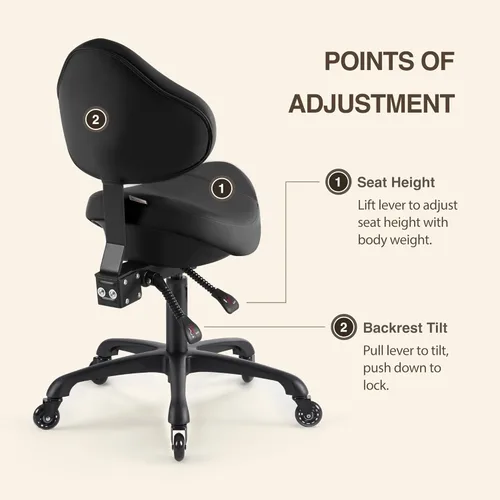 Vista 4 de Taburete giratorio neumático con respaldo para clínica higiénica, spa, masaje, hogar y oficina, 510 KOA (negro)