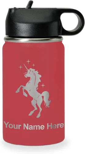 Vista 21 de LaserGram Botella de agua de doble pared abatible de 12 onzas con pajita, unicornio, grabado personalizado incluido (rosa)