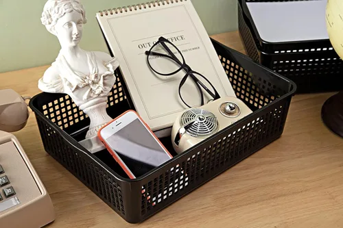 Vista 4 de Eslite Cesta de almacenamiento de plástico de tamaño A4, bandeja organizadora de cartas de papel de archivo, 6 paquetes (blanco y negro)