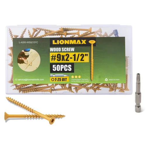 LIONMAX Tornillos de cubierta de 2-1/2 pulgadas, tornillos para madera #9 x 2-1/2 pulgadas, 50 unidades, resistentes a la corrosión, revestimiento