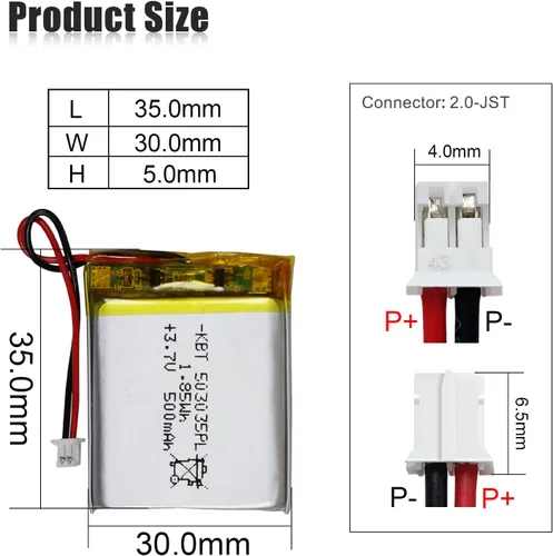 Vista 2 de Batería de polímero de litio KBT 3.7V 500mAh: 503035 Baterías de repuesto de iones de litio recargables Lipo con conector PH 1.25 JST, conector