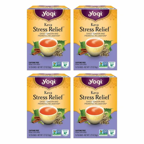 Yogi Tea Kava - Té para aliviar el estrés, 16 bolsas de té por paquete (4 paquetes), hecho con té relajante orgánico, sin cafeína, incluye cápsula