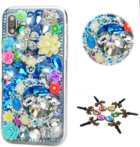 Sparkle Case compatible con Samsung Galaxy Z Flip 2 5G - Elegante - Funda 3D hecha a mano con corona de flores y luna con diamantes de imitación de