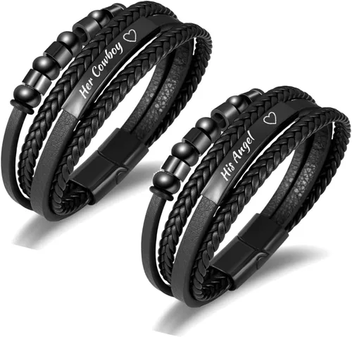 Pulseras táctiles personalizadas de larga distancia para parejas, pulseras de amor tejidas de cuero negro de múltiples capas | Joyas a juego para
