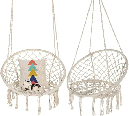 Vista 14 de Garpans Hamaca de macramé, estilo bohemio, hamaca con borlas, columpio colgante hecha a mano, cuerda de algodón tejida a mano para interiores y Beige