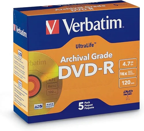 Verbatim DVD-R 4.7GB 16X UltraLife Gold Grado Archival - Superficie y capa dura de la marca - Paquete de 5 joyas