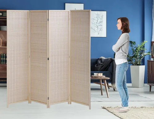 Divisor de habitación de bambú de 4 paneles de 6 pies de alto y 6 pies de ancho y pantallas de privacidad plegables, divisores de pared de Negro