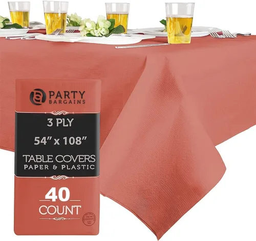Vista 21 de PARTY BARGAINS Manteles de mesa desechables, 54 x 108 pulgadas, color blanco, 3 capas de papel y plástico, resistentes a derrames, 1 paquete