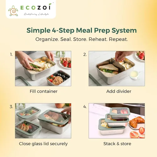 Vista 2 de ecozoi Lonchera de acero inoxidable, juego de 3 piezas con tapas de vidrio, 75 onzas, 40 onzas, 20 onzas, a prueba de fugas, recipientes de metal