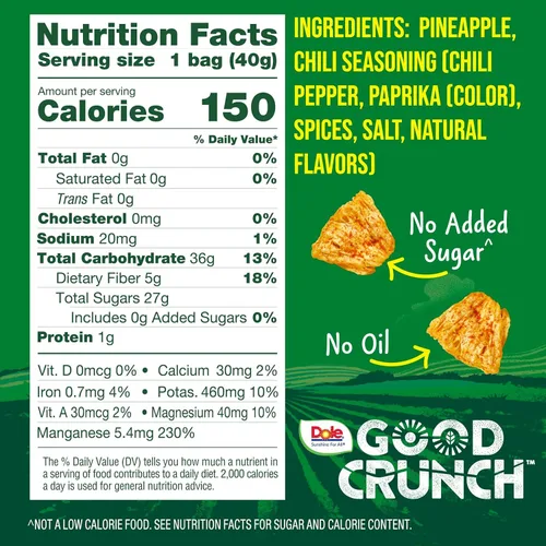Vista 2 de Dole Good Crunch Piña con bocadillos de frutas secas de chile, sin gluten y bocadillo vegano, bolsas de 1.4 onzas (paquete de 6)
