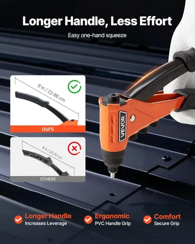 Vista 4 de VEVOR Kit de pistola de remache pop, con 200 remaches ciegos, remachador de una sola mano resistente con 4 piezas nasales intercambiables, 4 brocas
