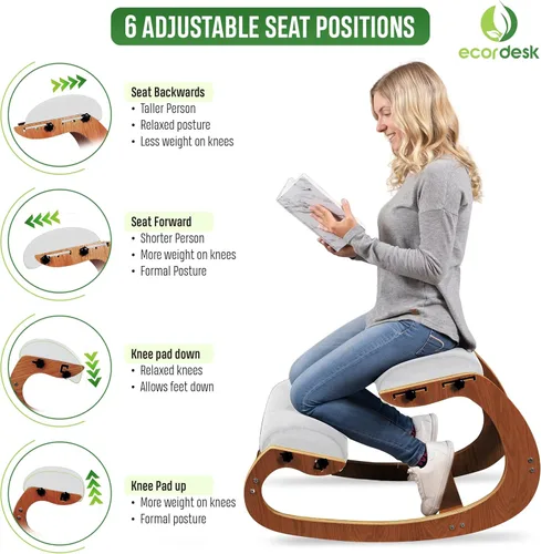 Vista 4 de Silla ergonómica, asiento ajustable, silla de oficina para escritorio, corrector de postura, cojín cómodo de alta calidad, mecedora de madera (nuez)