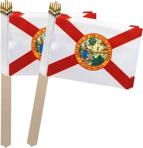 TSMD Bandera del estado de Florida FL en palo de madera, mini banderas de mano, 5 x 8 pulgadas, paquete de 12