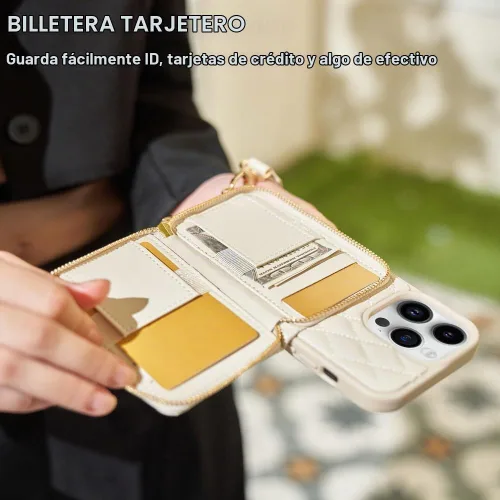 Vista 5 de LAMEEKU Funda tipo cartera diseñada para iPhone 14 con tarjetero y cadena cruzada para mujer, funda RFID a prueba de golpes, compatible con iPhone