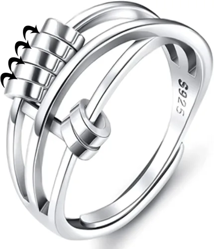LOVECOM Anillos de plata de ley antiansiedad para mujer, con cuentas giratorias, banda giratoria, abierta, ajustable, apilable, giratorio, alivio