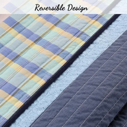 Vista 4 de Cozy Line Home Fashions Juego de ropa de cama acolchada reversible para niño de 100% algodón a rayas azul marino, colcha cubrecama para todas