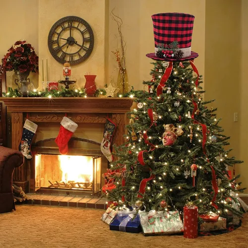 Vista 5 de Codree - Sombrero de copa de árbol de Navidad - Sombrero de copa de color rojo y negro con diseño de cuadros de búfalo con piña, baya, campana