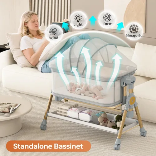 Vista 5 de Moisés 3 en 1 para bebé, cuna mecedora para bebé con ruedas, luz nocturna musical, cesta de almacenamiento, colchón, altura ajustable, cama mecedora