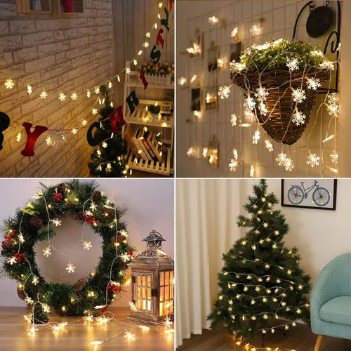 Vista 2 de BrizLabs Luces de copo de nieve, 40 luces LED de Navidad de 16.08 pies con control remoto, cadena de luces parpadeantes de copo de nieve funciona