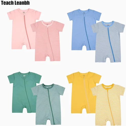 Vista 6 de Teach Leanbh Paquete de 2 pijamas de algodón de manga corta con cremallera para bebés niños o niñas, para dormir y jugar, de 3 a 24 meses