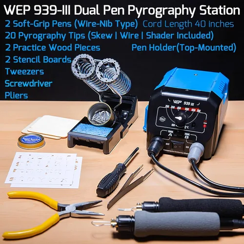 Vista 4 de Kit de combustión de madera WEP 939-III de doble pluma 34-en-1 con 20 puntas de quema de madera, pluma de pirografía de agarre suave con 2