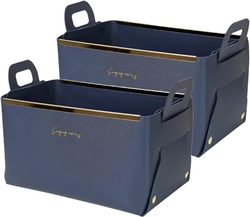 Vista 10 de Cesta decorativa de piel sintética, cesta pequeña para entrada, mesita de noche, cómoda, caja organizadora rectangular plegable (marrón)