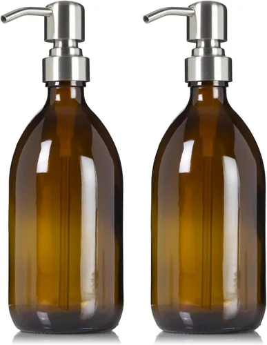 Vista 7 de Dispensador de loción de jabón de manos de vidrio ámbar recargable, 16 onzas, paquete de 2 – Botella de boticario con bomba de plástico negro