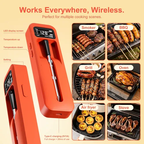 Vista 4 de Termómetro inalámbrico inteligente Bluetooth para carne con sonda de cerámica, precisión de ± 1 °F, IPX8, lecturas en tiempo real desde