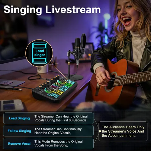 Vista 7 de Paquete de micrófono para podcast con mezclador de audio de tarjeta de sonido en vivo, paquete de equipo de podcast con dos micrófonos