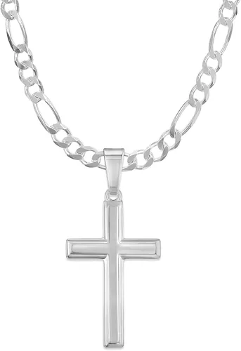 Collar de plata de ley con colgante de cruz tradicional de 5mm para hombre. Cadena estilo Italiano Figaro