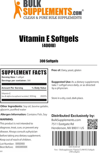 Vista 2 de BulkSupplements. Com Vitamina E (400 UI) Cápsulas blandas - Vitamina E pura - Cápsulas de vitamina E para la piel - Vitamina E natural - Cápsulas