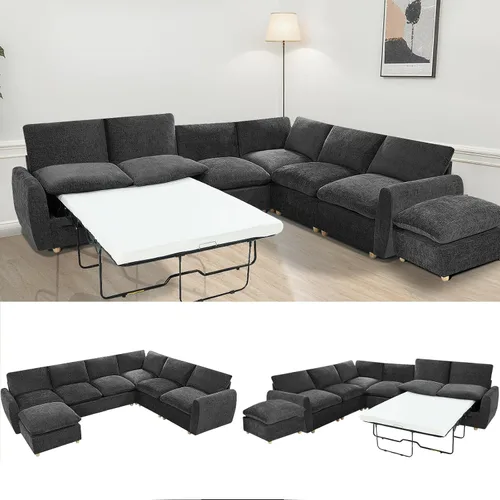 Vista 12 de Sofá extraíble en forma de L con cama cama y otomana de almacenamiento, sofá modular de felpilla para sala de estar, sofá modular en forma de L