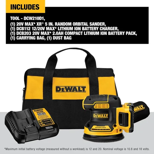 Vista 7 de DEWALT Lijadora orbital inalámbrica 20V MAX, herramienta de lijado de 5 pulgadas, 2.0Ah, 8,000-12,000 OPM, dial de velocidad variable, bolsa